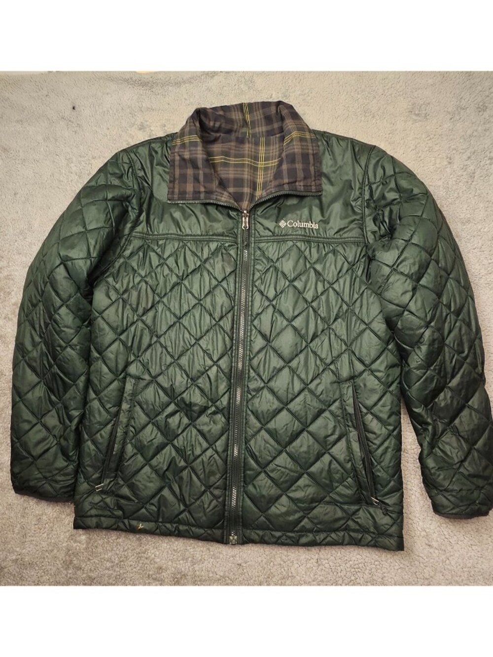 Columbia Green Quilted Jacket With Plaid Lining Full-Zip Size M